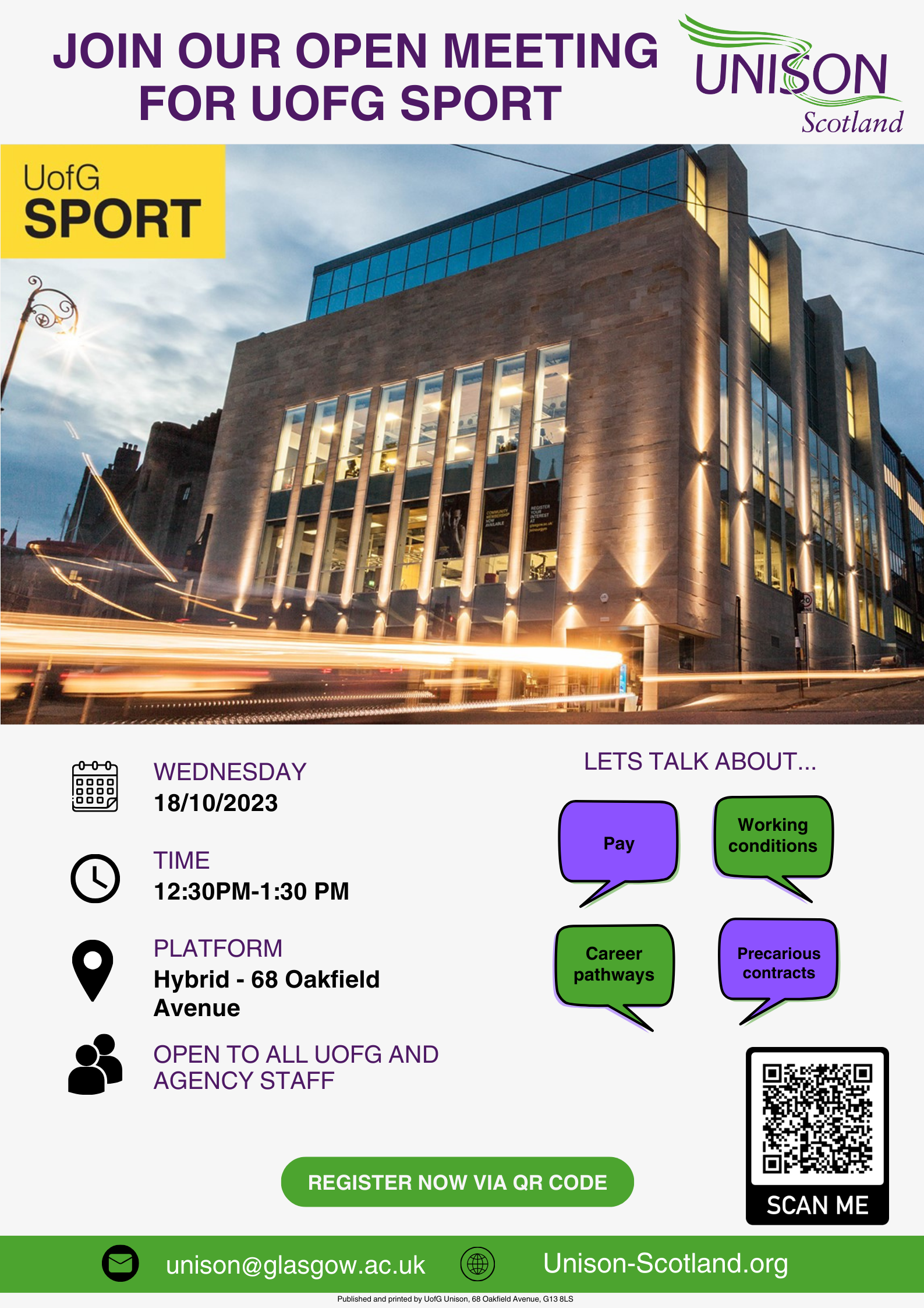  UNISON UofG Sport open meeting poster