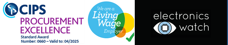 CIPS Procurement Excellence logo, Living Wage logo & Electronics Watch logo