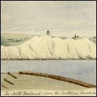 Coloured sketch of the south foreland of Dover with the lighthouse in the background titled 