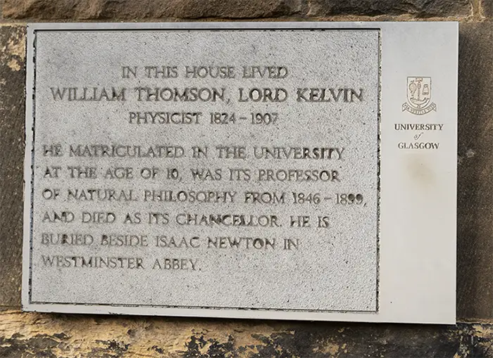 Plaque outside Lord Kelvin's house at 11 Professors' Square