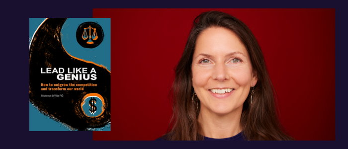 The author, Melanie van de Velde, smiles in a photo on the right before a red background. On the left is a copy of her book, Lead like a Genius, which states the title on a blue and orange cover