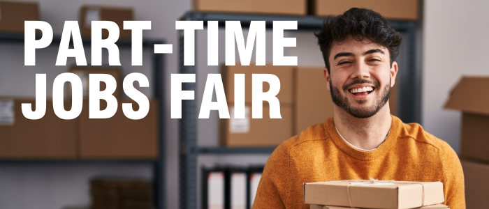 Part-Time Jobs Fair web tile featuring Hispanic male, holding cardboard box and smiling to camerea