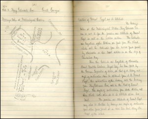 The image shows a page from one of Ferguson’s field note books from King Edward’s cove, South Georgia, dated 3rd February 1912.  The entry includes a hand-drawn geological map of the area and Ferguson’s field notes.  (GUAS Ref: UGC 176/3/1 p54-55.  Copyright reserved.)