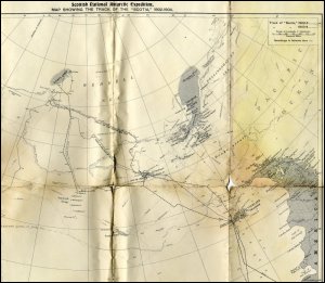 This image shows a hand map showing the track of the Scotia during the Scottish National Antarctic Expedition, 1902-1904.  This map was produced to accompany a lecture given by W S Bruce, 14th December 1905, at the Athenaeum, Glasgow, which Ferguson no doubt attended.  (GUAS Ref: UGC 176/5/1.  Copyright reserved.)