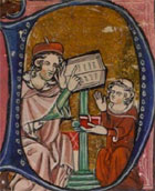 Historiated initial from a 14th century manuscript showing a disciple sitting before the Roman philosopher, Seneca, as he teaches from his open book. (MS Hunter 231, p 123) Links to the book of the month article.