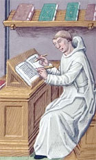 Colour illustration showing a monk writing at a desk, from Ludolph of Saxony's Vita Christi, an illuminated manuscript produced in Paris, 1490s. (MS Hunter 38 fol 47v) Links to book of the month article.