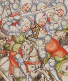 Battle scene showing defeat of King Syphax. Detail of initial letter from 15th century illuminated manuscript of Livy's Roman History. (MS Hunter 370, fol 279v) Links to book of the month article.
