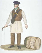 Watercolour drawing of a sledman (someone who moved goods by sledge), standing with whip in hand next to a barrel. From a collection illustrating inhabitants and office-holders of Glasgow, 19th century. (MS Murray 590-594) Links to more information about this item.