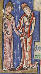 Detail of illuminated letter showing two female nobles (?) from the page for April in the Hunterian Psalter, 12th century (MS Hunter 229, fol 2v)