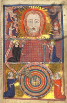 Illuminated full page miniature showing the face of God, angels and saints, accompanying a text on St Benedict's Vision of the Universe, from a 14th century compendium of devotional and philosophical writings. (MS Hunter 231) Links to book of the month article.