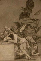 'The sleep of reason produces monsters' Black and white illustration of a man, his face covered and leaning on a desk, surrounded by disturbing images of owls, giant bats and cats. Self-portrait of the artist Goya from 'Los Caprichos', Madrid, 1799 (Sp Coll S.M. 1946) Links to book of the month article.