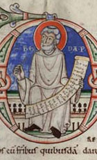 Representation of Bede, author of the History of the English Church and People, in a 12th century manuscript copy of his work 'on the reckoning of time'. (MS Hunter 85) Links to book of the month article.
