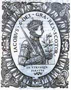 Woodcut image of James VI in profile, aged 14 and holding a sword, printed 1580. (Sp Coll S.M. 1248) Links to book of the month article.