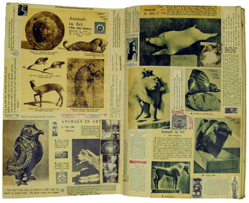 Double page from Scrapbook 1, incorporating magazine cuttings about 'Animals in Art', interspersed with handrawn red ink patterns and cuttings containing quotations and extracts of poems. Some of these are placed crossways. (MS Morgan 917/1, pp 227-8)