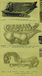 Pencil drawings of two animals, dated 1938. They have been copied from a book and labelled as a reindeer (shield decoration, C7th-6th BC) and a tiger (silver plaque, 206 BC-220 AD). (MS Morgan 917/2, detail of page 38) 