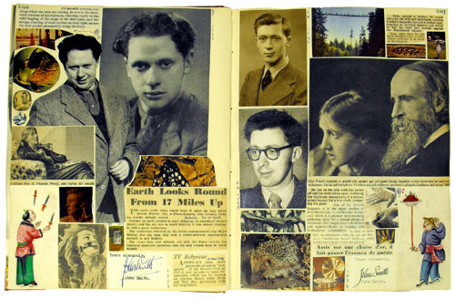 Double page incorporating images of Dylan Thomas, Virginia Woolf and photographs of Morgan, dated 1940 and 1955. (MS Morgan 917/11, pp 2146-7)