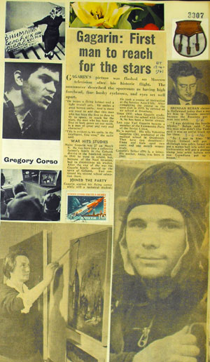 Page including news report of Yuri Gagarin's pioneering voyage into space (1961) and image of the american poet Gregory Corso. (MS Morgan 917/15, page 3307)