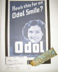 A tube of Odol toothpaste made in Norwich and found during metal detecting survey at No.17 Adam Park