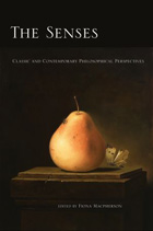 book cover: black background wth a small oil painitng of the close-up of a golden-red pear with a white butterfly behind it, both on top of a short plinth. title reads The Senses