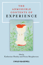 book cover: light blue background with a small square painting of a nearly-eaten red apple, in the contours of which two face profiles appear. the title reads the admissible contents of experience