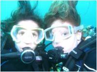 Lyndsey and Kirsten diving in Tobago, one doing a project on survey methodologies, and one on coral disease.