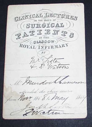 Murdoch Cameron's hospital ticket signed by Lister © Royal College of Physicians and Surgeons of Glasgow