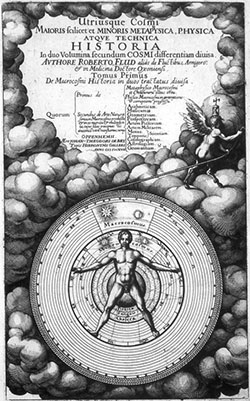 a book Frontispiece printed in black and white.  As well as publication details, there is a diagram of a circle with concentric lines and a naked male form standing with arms and legs outstretched