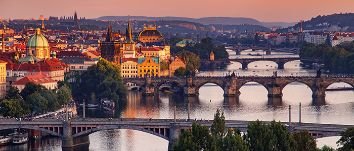Vltava river in Prague, Czech Republic at the sunset