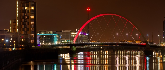 Night view of the Clyde Arc & Science Centre tower