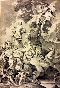 A monochrome print depicting a large number of female forms in classical flowing clothing, some small naked cherubs with wings outstretched.  to the right of the image, a winged horse with forelegs raised and wings outstretched