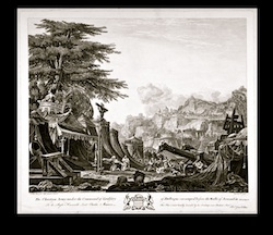Monochrome print depicting the Christian Army under the command of Godfrey of Bulloigne.  A large tree, a city scape and Mountains for the backdrop to a scene of Army tents of Middle Eastern style, and a number of soldiers kneeling to worship a large upright crucifix figure. Two large weapons on wheels are visible at the right side (catapult or Trebuchet)