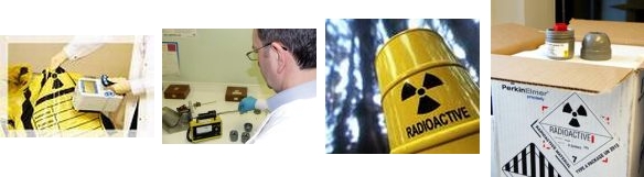 Isotope calculator images - radioactive workers, radioactive barrel and warning signs.