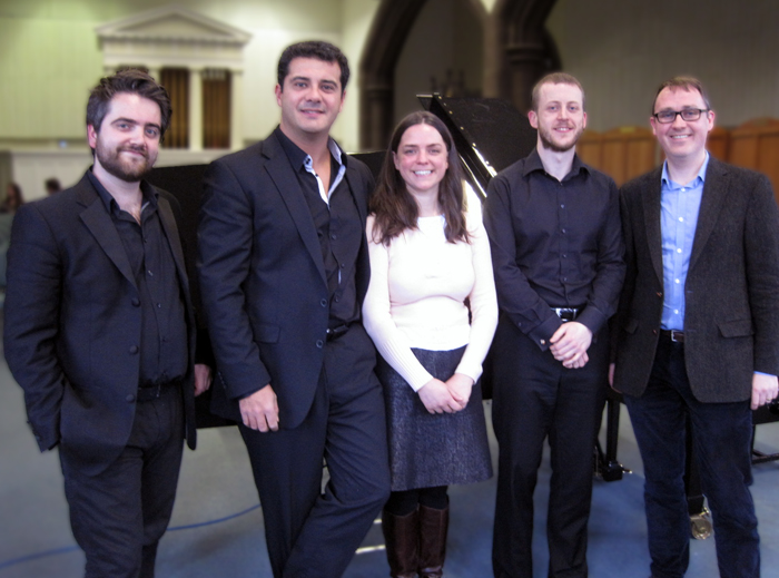 Premiere of Stuart MacRae's Ixion commissioned by the University of Glasgow (McEwen Memorial Concert commission, 6 Nov 2014)
L to R: Duncan Strachan (cello), Yann Ghiro (clarinet), Dr Jane Stanley (curator of McEwen Bequest), Simon Smith (piano), Stuart MacRae (composer)