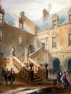 A picture of a courtyard and stairway from the original Glasgow University campus.  Academics and their families depicted in period dress. GLAHA:42122, 
