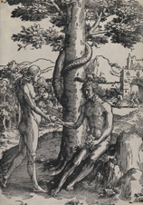 Woodcut of Adam and Eve under a tree with the snake.