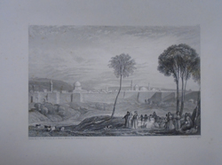 Black and white print of a biblical scene. People stand on a hill in the foreground between two tall trees and city walls can be seen in the distance.