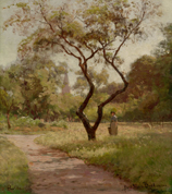 Landscape painting showing a woman standing beside a tree.