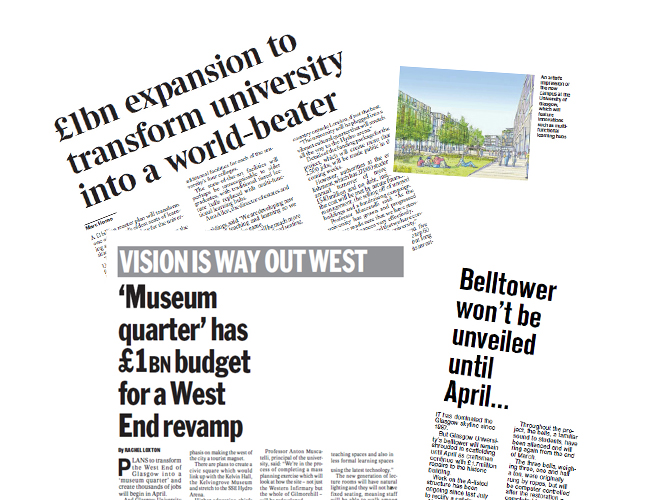 Image of positive newspaper headlines about the University's World Changing Campus plans