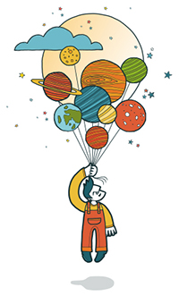 man with planets as balloons