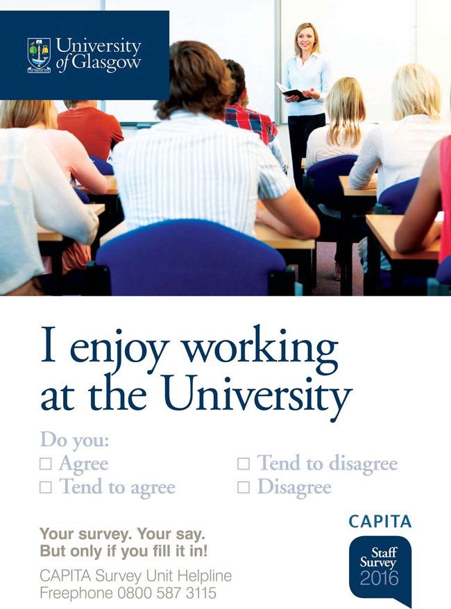 Staff survey poster with the words 'I enjoy working at the University'.