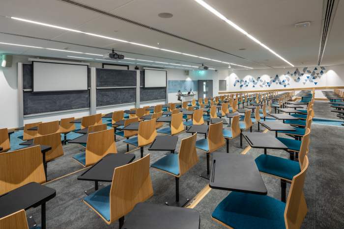 Raked collaborative lecture theatre with flexible seating, chalkboards, screens, and projectors