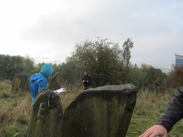 Secondary school children on a visit to the Sighthill stone circle in 2014