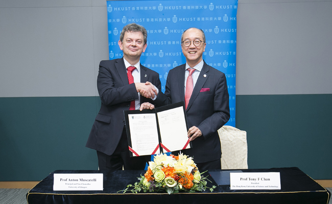 Image of the MoU signing in Hong Kong: Principal Anton Muscatelli left and President Tony Chan right