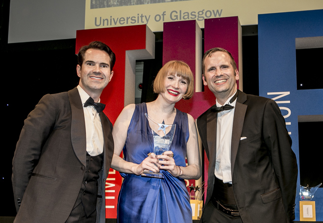 Image of the award presentation to Rachel Sandison at the THELMA awards organised by the Times Higher Education