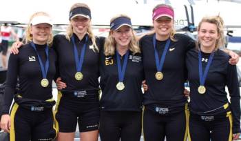 Women’s novice four, winners of the Scottish Championships in 2016 at the end of their first year of rowing