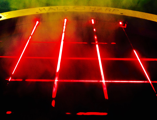 Image of the laser harp built by staff and students in the Department of Physics and Astrophysics