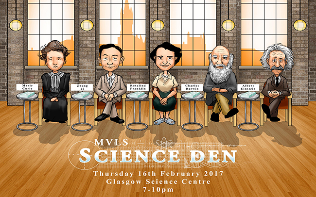 Image of the Science Den 2016 flyer in the style of Dragons' Den