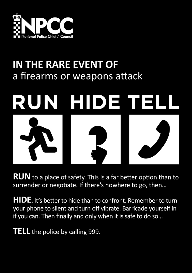 Image of the Stay Safe campaign poster with the words Run, Hide, Tell