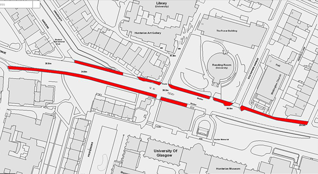Map of University Avenue area with the sections of footway to be resurfaced highlighted in red