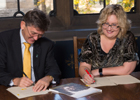 Professor James Conroy, Vice Principal Internationalisation and Professor Kathy Belov, PVC, Global Engagement at the University of Sydney pictured signing the MoU.